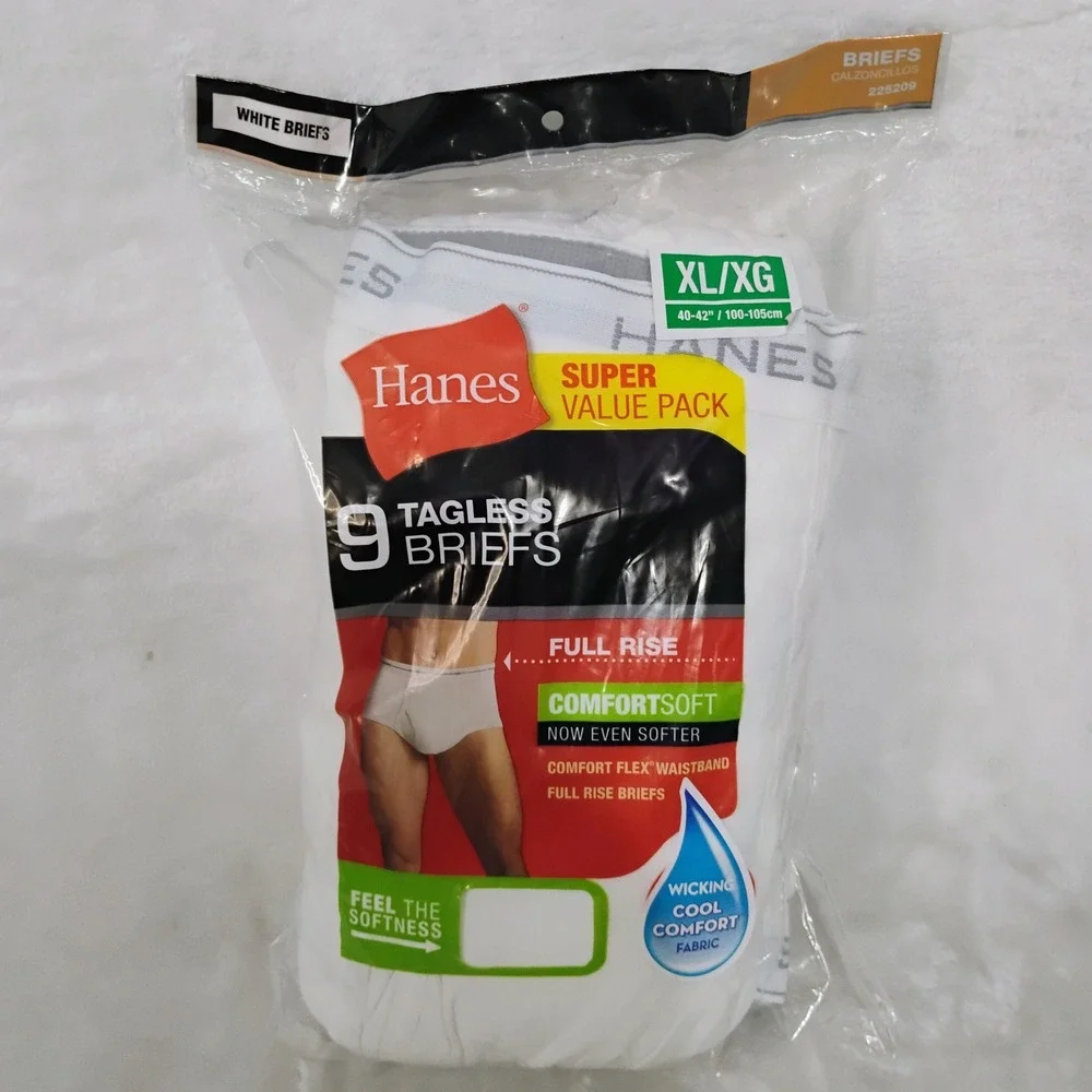 Hanes Mens 9 Pack Tagless Briefs White Full Rise ComfortSoft XL 40-42 2014